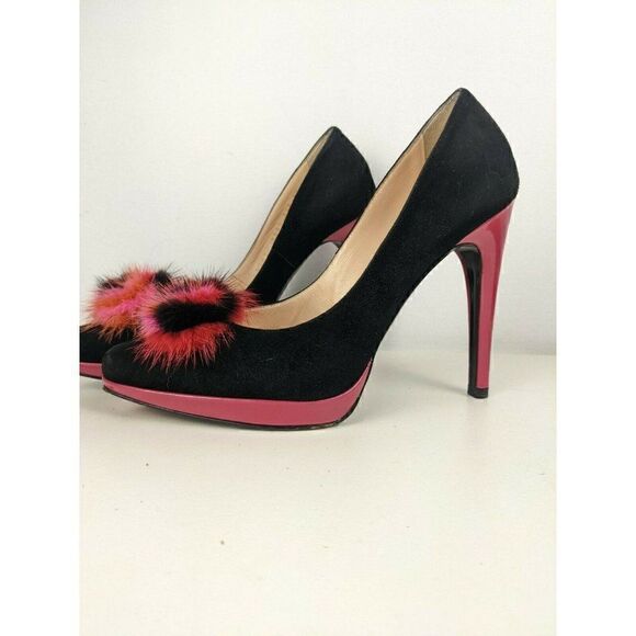 Casadei heels black pink suede ultra high sexy platform fur pompom sz 7 - Picture 4 of 12
